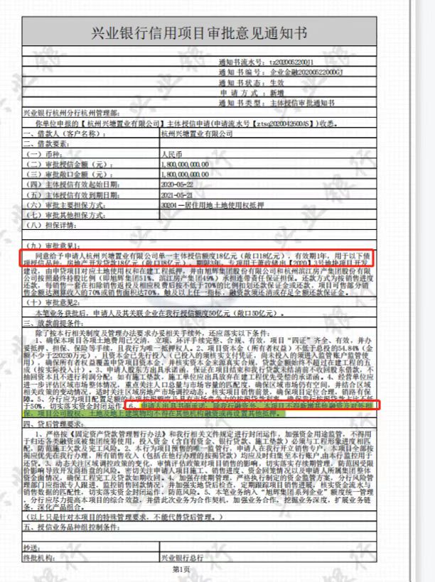 第一财经获取的项目公司开发贷审批意见通知书