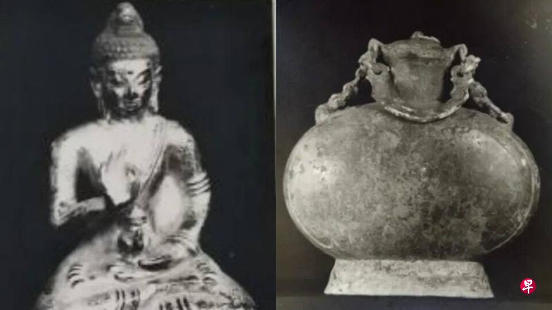 贵州省博物馆老馆也有29件套文物丢失或被盗，再度引发舆论关注文物流失问题。这29件文物中包括清释迦佛铜座像（左），以及东汉提梁铜壶（右）。（中国被盗（丢失）文物信息发布平台）