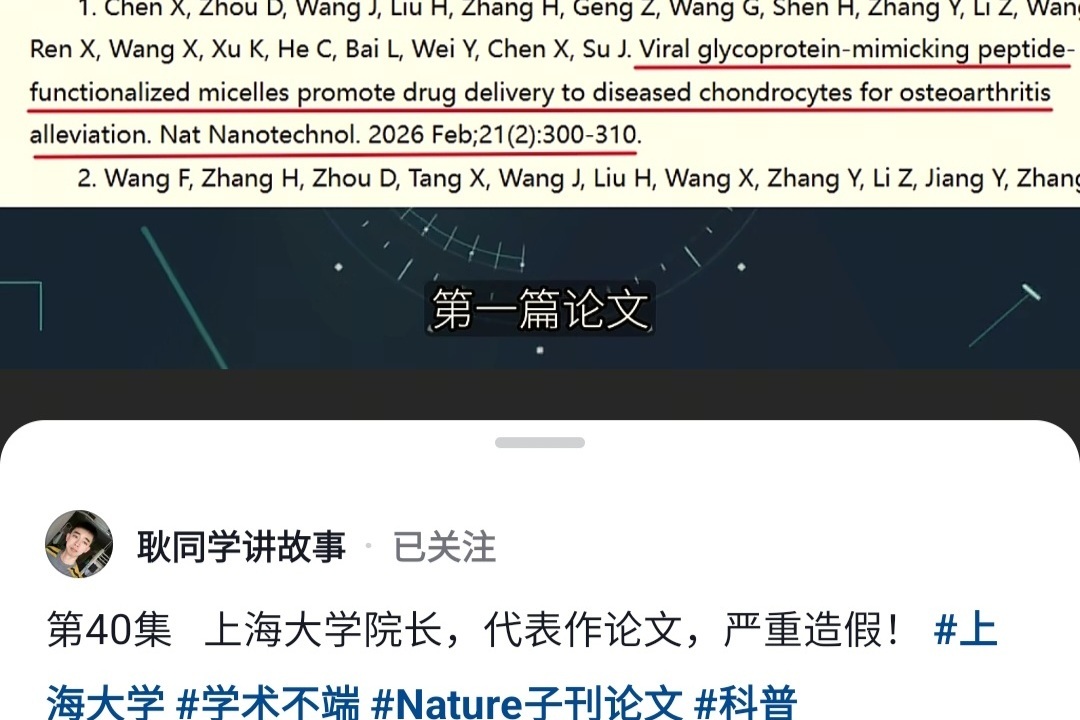 上海大学转化医学院院长、长江学者苏佳灿被指在最新《自然》子刊“Nature Nanotechnology”发表的论文数据造假。（互联网）